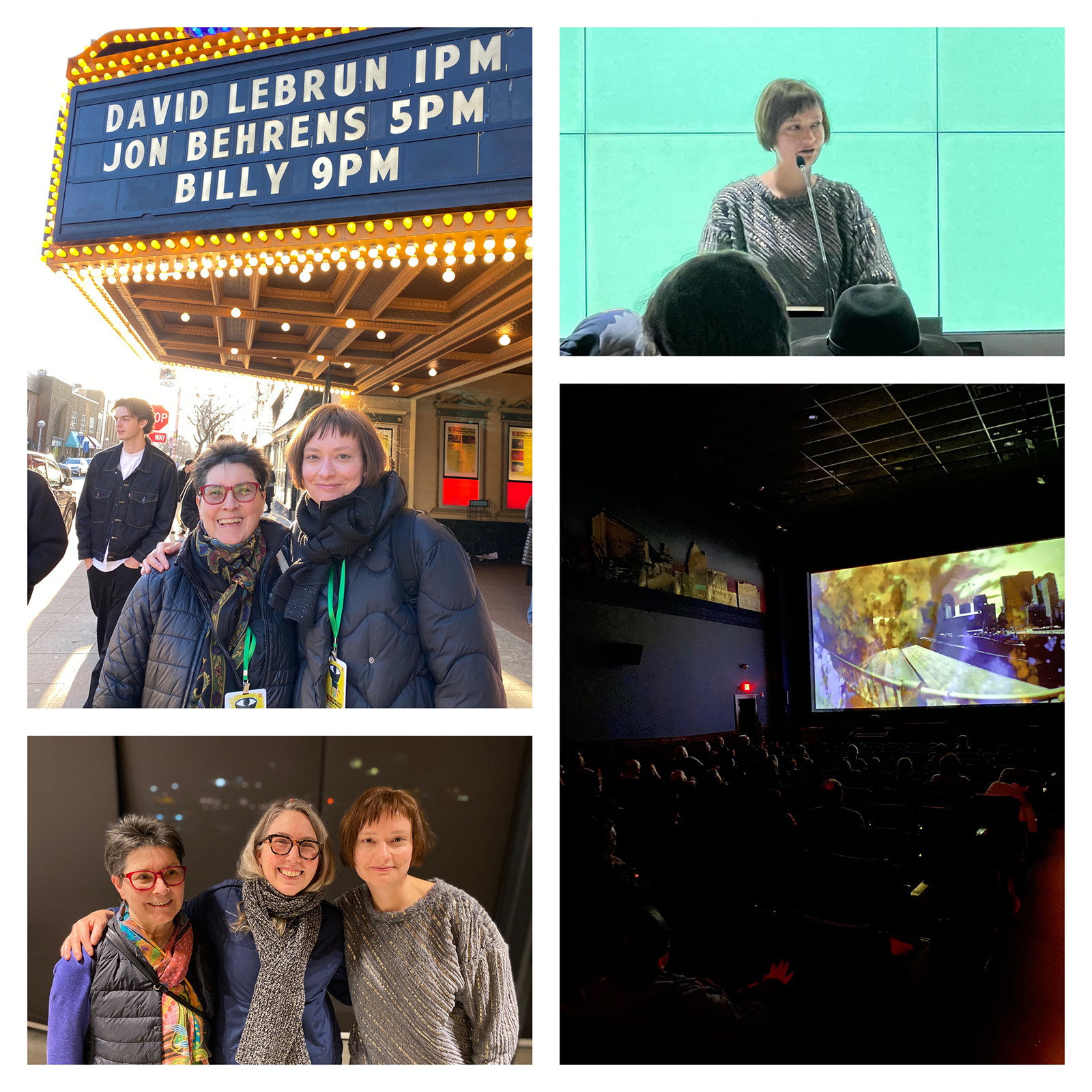 Galeria 4 zdjęć przedstawiających dr hab. Kornelię Boczkowską i Caryn Cline stojące i pozujące do zdjęcia przed Michigan Theatre na 63rd Ann Arbor Film Festival; dr hab. Kornelię Boczkowską, Caryn Cline i Kathryn Ramey stojące i pozujące do zdjęcia w Civic Pavilion Boston City Hall na RPM Festival; salę kinową w czasie projekcji filmów w Michigan Theatre na 63rd Ann Arbor Film Festival; dr hab. Kornelię Boczkowską przedstawiającą program dla widowni w Civic Pavilion Boston City Hall na RPM Festival