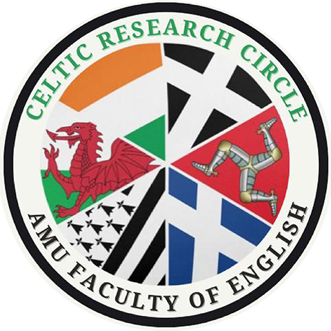 picture: a colouful circle with the arc filled with the captions {Celtic Research Circle} and {AMU Faculty of English}; the inner part of the circle is filled with fragments of flags of countries associated with the Celtic culture