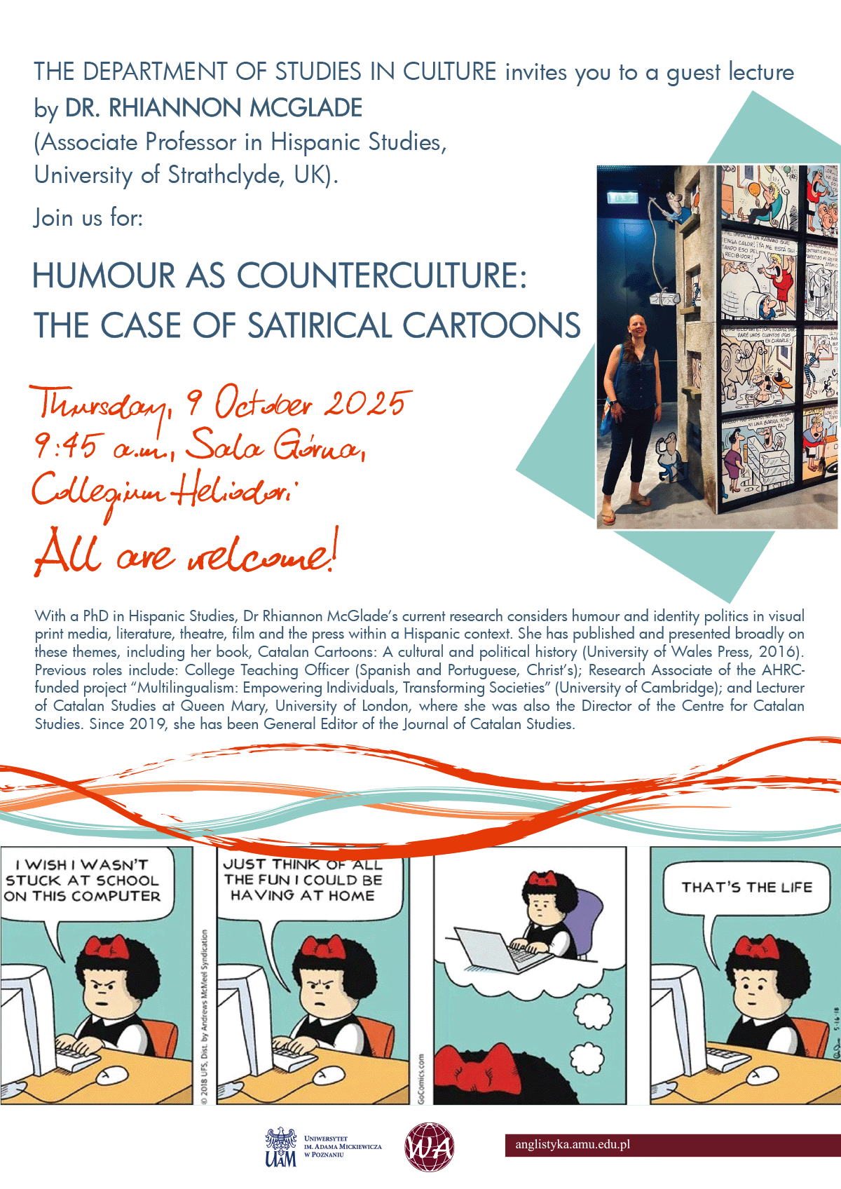 promotional poster: basic information on the event as provided on the associated page, a photograph of the speaker, and some graphics