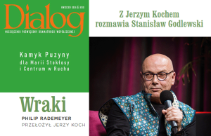 Grafika z okładką „Dialogu”, tytułem „Wraki”, zdjęciem osoby z mikrofonem oraz nagłówkiem wywiadu z Jerzym Kochem.
