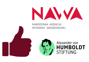 obraz kciuka w górę w barwach Wydziału Anglistyki oraz znaki: NAWA (Narodowa Agencja Wymiany Akademickiej) i fundacji im. Alexandra von Humboldta (Alexander von Humboldt Stiftung)