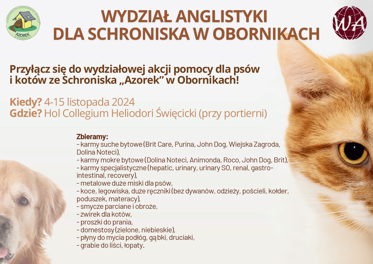 plakat promujący akcję: tekst ze szczegółami akcji tak jak w powiązanym artykule, na barwnym tle z obrazami kota i psa