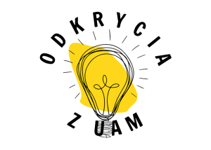 znak graficzny konkursu: napis {Odkrycia z UAM} nałożony na obrazek włączonej żarówki