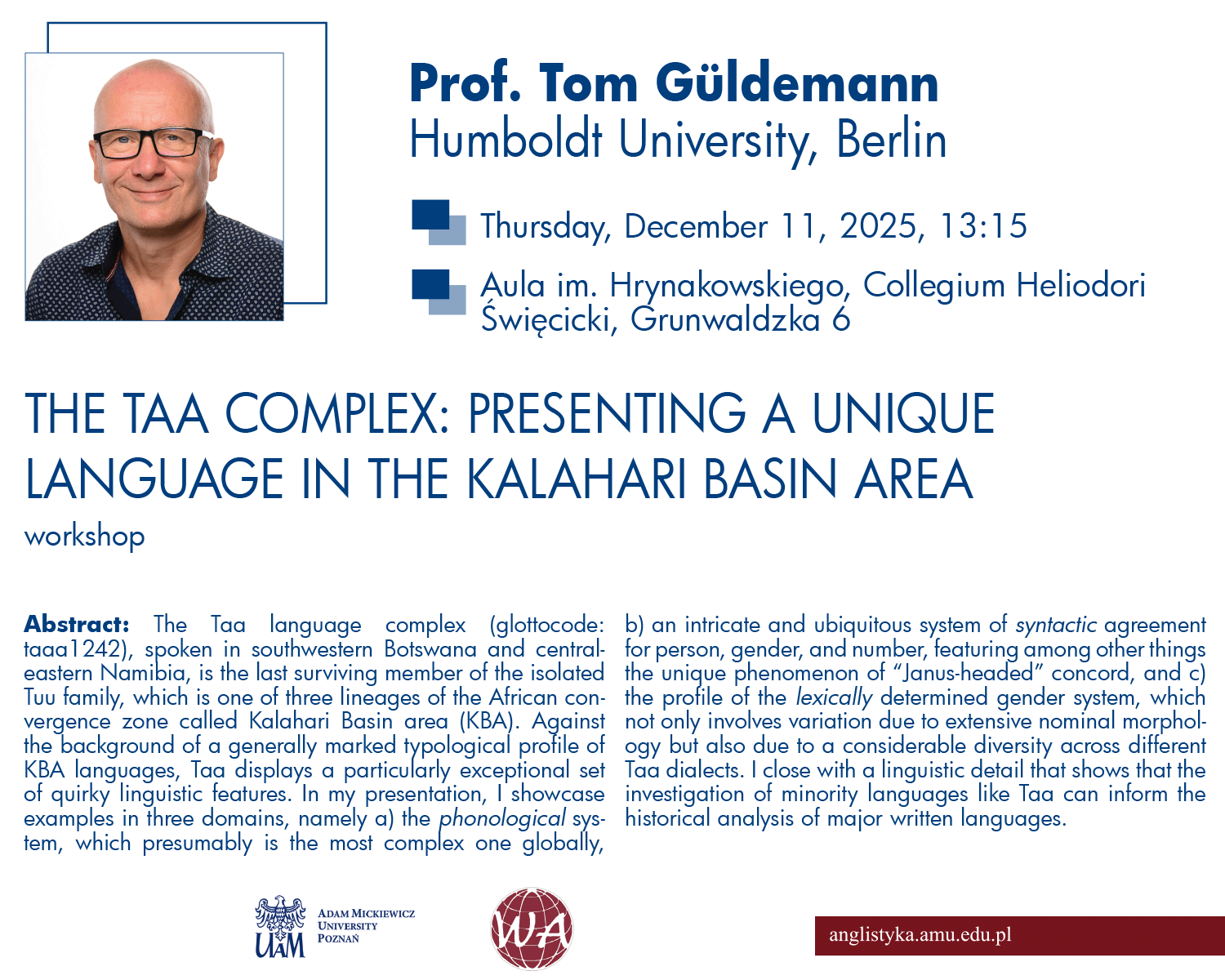 promotional poster: details of the event as provided on the associated page and a photograph of the speaker