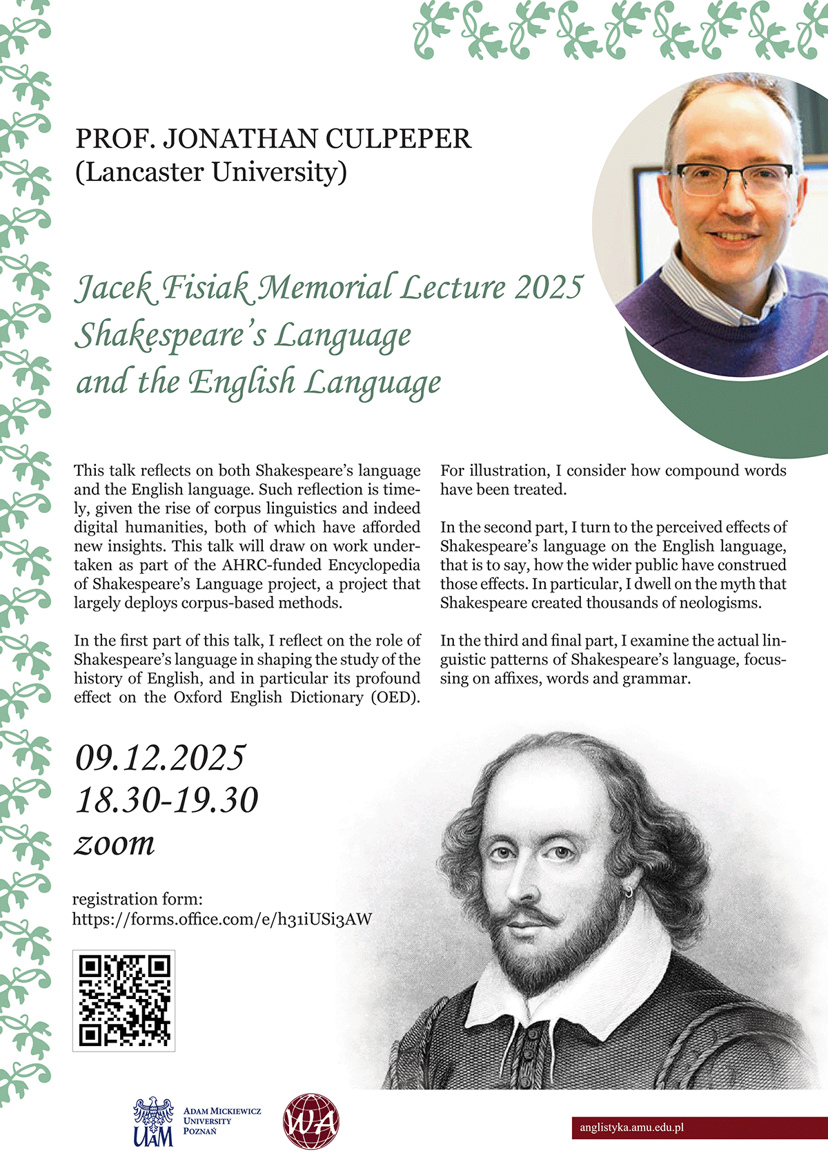 promotional poster: details of the event as provided on the associated page and a photograph of the speaker