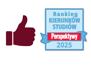 obraz kciuka w górę w barwach Wydziału Anglistyki oraz logo z napisem {Ranking kierunków studiów Perspektywy 2025}