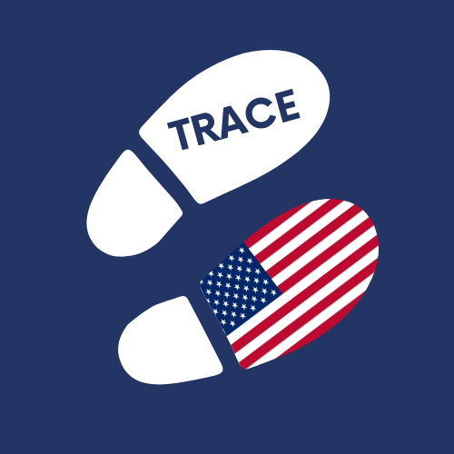 &ldquo;TRACE&rdquo; logo: white footprints (or traces) on a dark blue background; one of the prints is captioned {TRACE}, the other contains a miniature flag of the United States