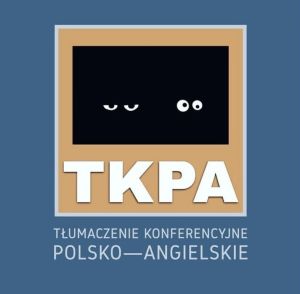 logo: napisy {TKPA} oraz {Tłumaczenie konferencyjne polsko-angielskie} oraz obrazek przedstawiający parę oczu w ciemnym pomieszczeniu