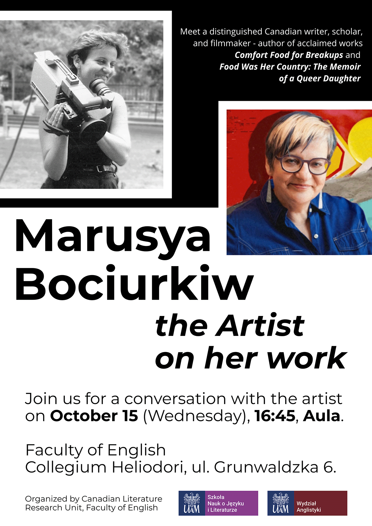 Poster announcing the conversation with the author following the screening. Includes all the information from the announcement on the webpage and two photographs of the artist.