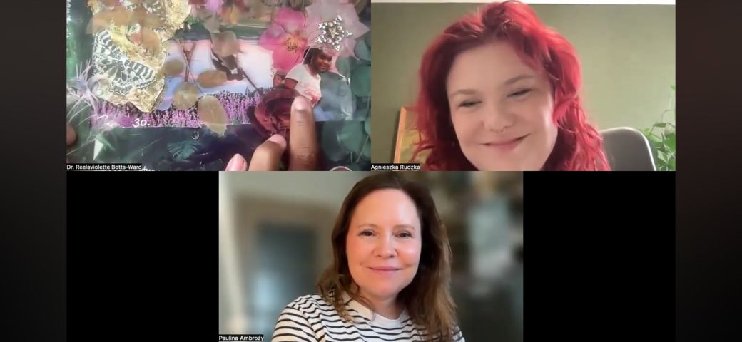 videoconference screenshot: three screens: a book or a diary in one, smiling faces in the other two