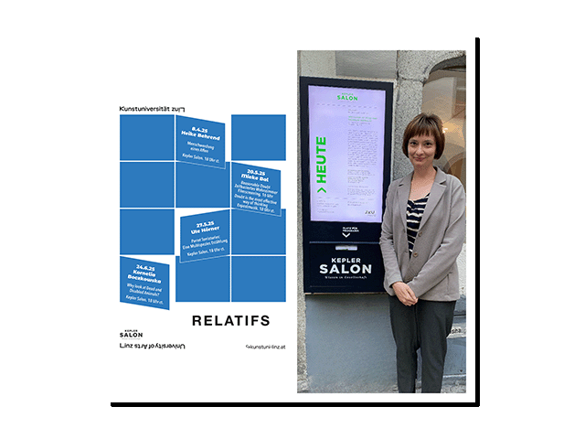 kolaż: 1) plakat promocyjny cyklu wykładów; 2) zdjęcie: dr hab. Kornelia Boczkowska przed Kepler Salon na Uniwersytecie Sztuki w Linzu