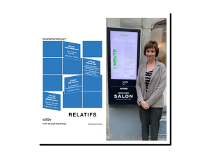 kolaż: 1) plakat promocyjny cyklu wykładów; 2) zdjęcie: dr hab. Kornelia Boczkowska przed Kepler Salon na Uniwersytecie Sztuki w Linzu