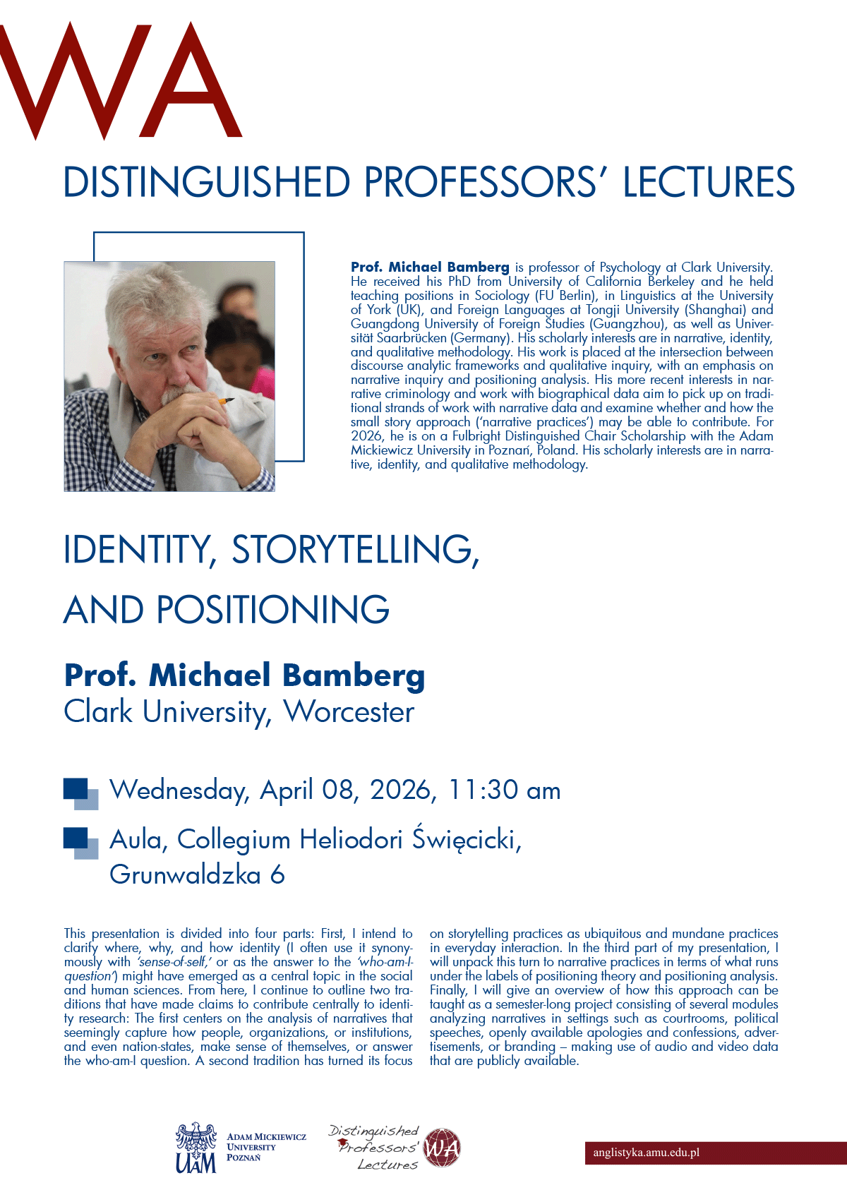 promotional poster: basic information on the event as provided on the associated page, a photograph of the speaker, and some graphics