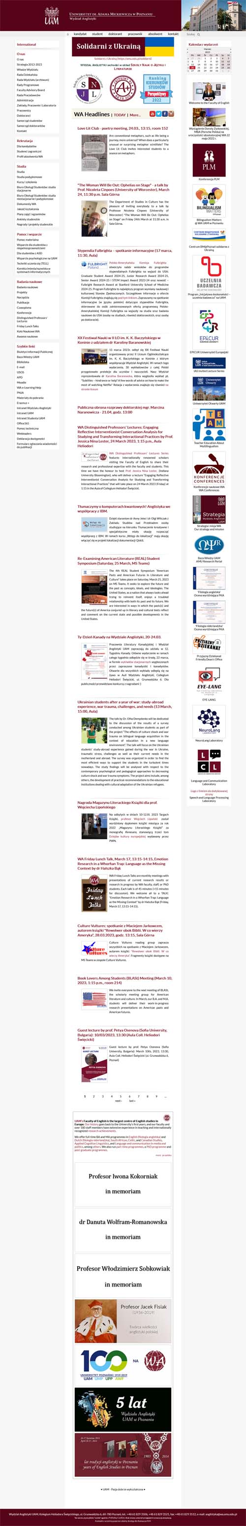 obraz poglądowy starej witryny www Wydziału Anglistyki, nagłówek, lewy i prawy pasek boczny menu, wykaz aktualności strony głównej, stopka
