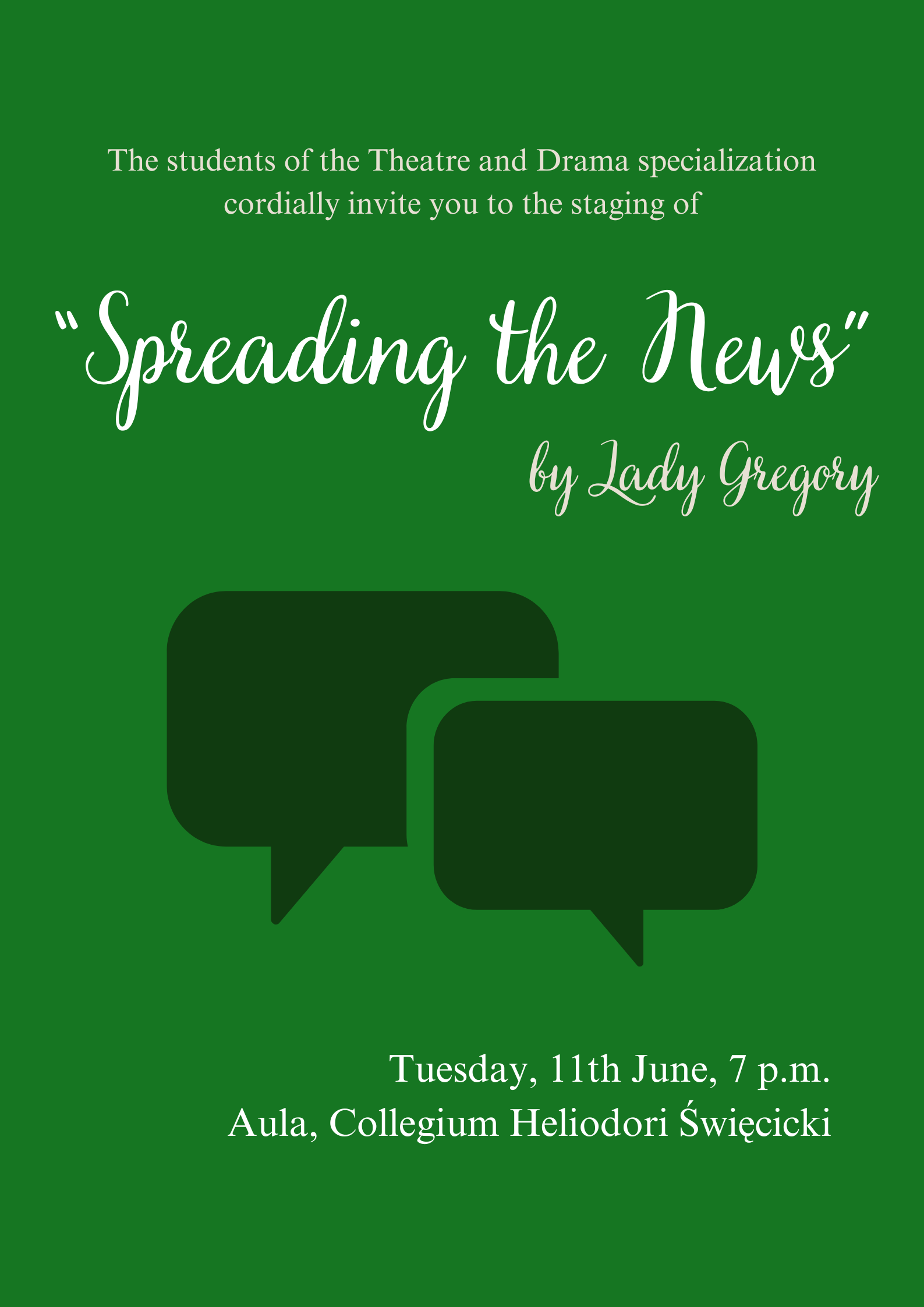 poster for the event: text as on the page on a dark green background