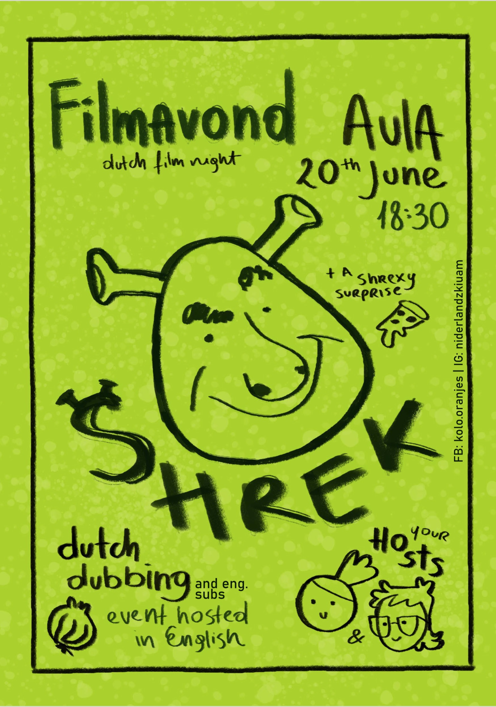 plakat promocyjny: wizerunek postaci Shreka i detale wydarzenia w postaci tekstowej