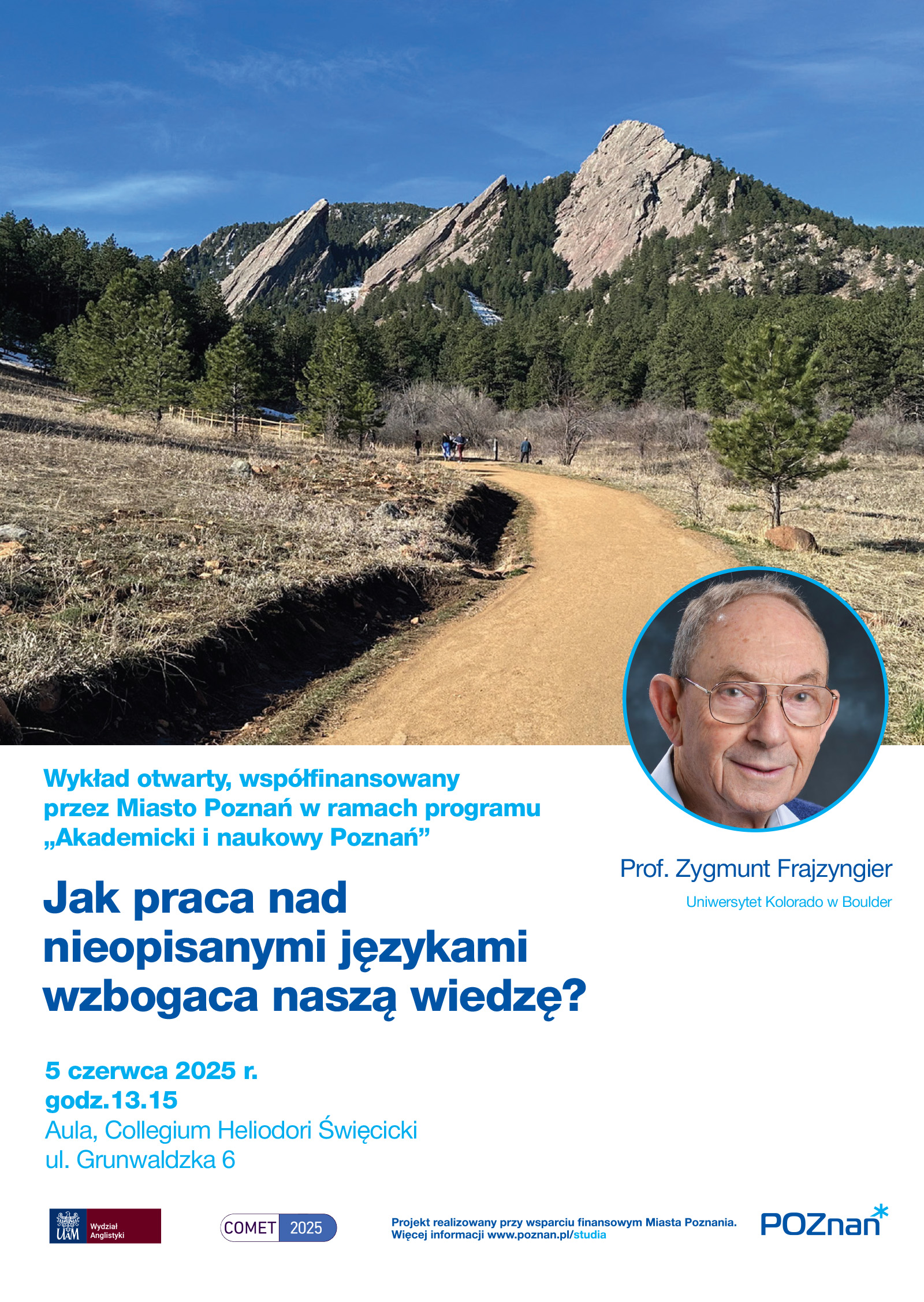 plakat promocyjny wydarzenia: informacje o spotkaniu jak na powiązanej stronie, zdjęcie osoby będącej gościem spotkania, kolorowe tło