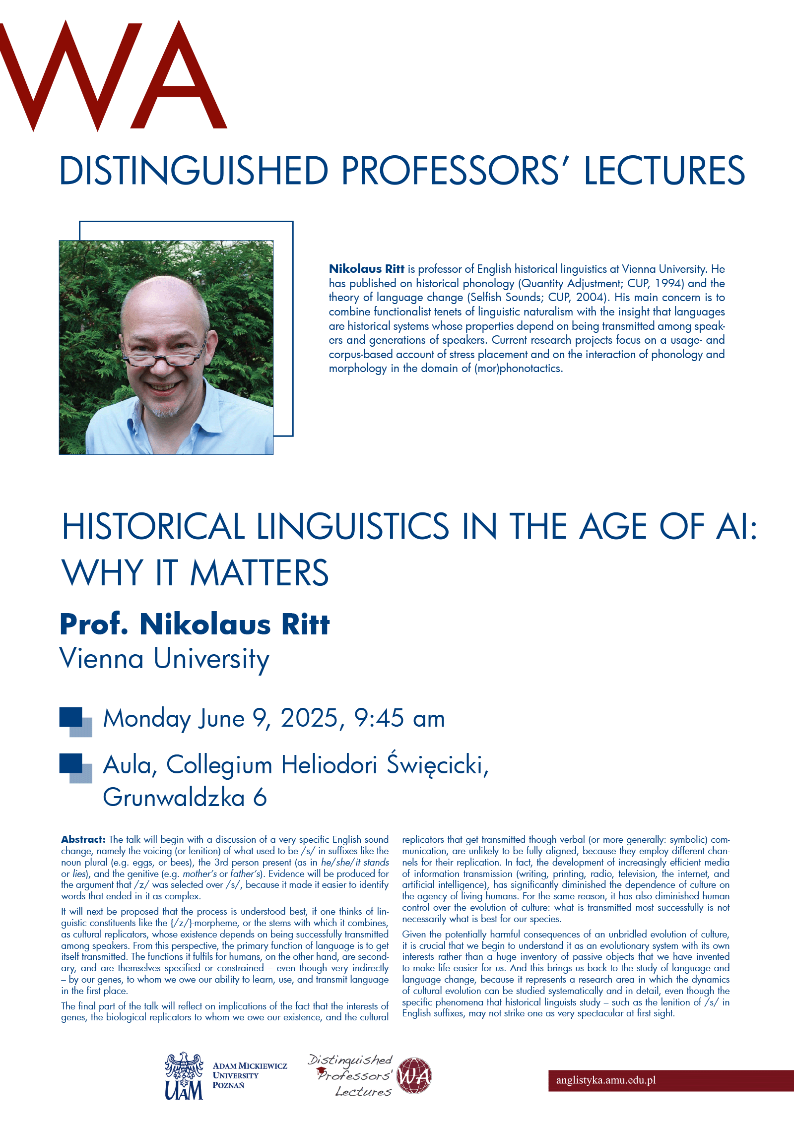 promotional poster: basic information on the event as provided on the associated page, a photograph of the speaker, and some graphics