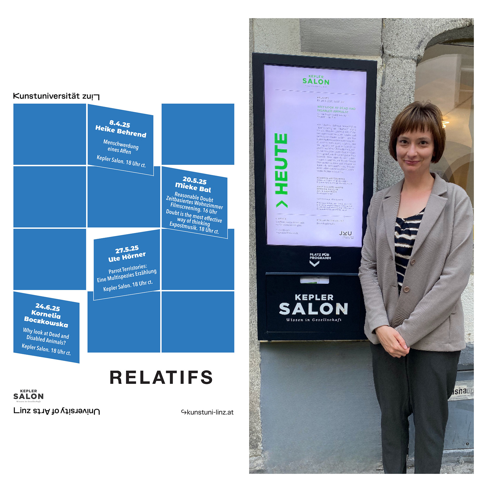 kolaż: 1) plakat promocyjny cyklu wykładów; 2) zdjęcie: dr hab. Kornelia Boczkowska przed Kepler Salon na Uniwersytecie Sztuki w Linzu