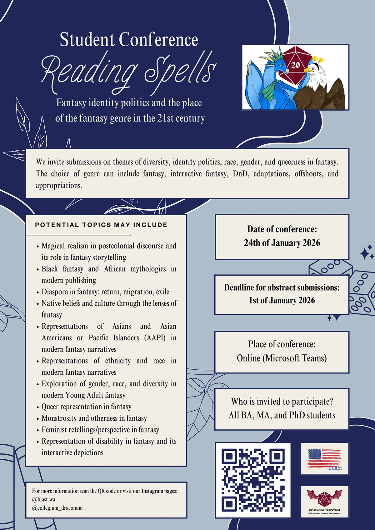 promotional poster: some of the information on the event as provided on the associated page (which has more), three graphical elements (various logos), a QR code (resolved in the caption); colourful background