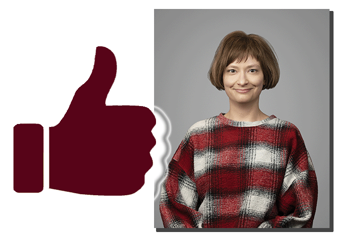 1) obraz: kciuk w górę w barwach Wydziału Anglistyki; 2) zdjęcie portretowe: prof. UAM dr hab. Kornelia Boczkowska