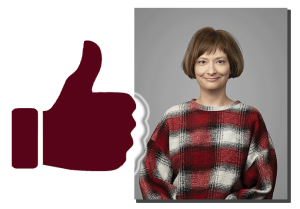 1) obraz: kciuk w górę w barwach Wydziału Anglistyki; 2) zdjęcie portretowe: prof. UAM dr hab. Kornelia Boczkowska