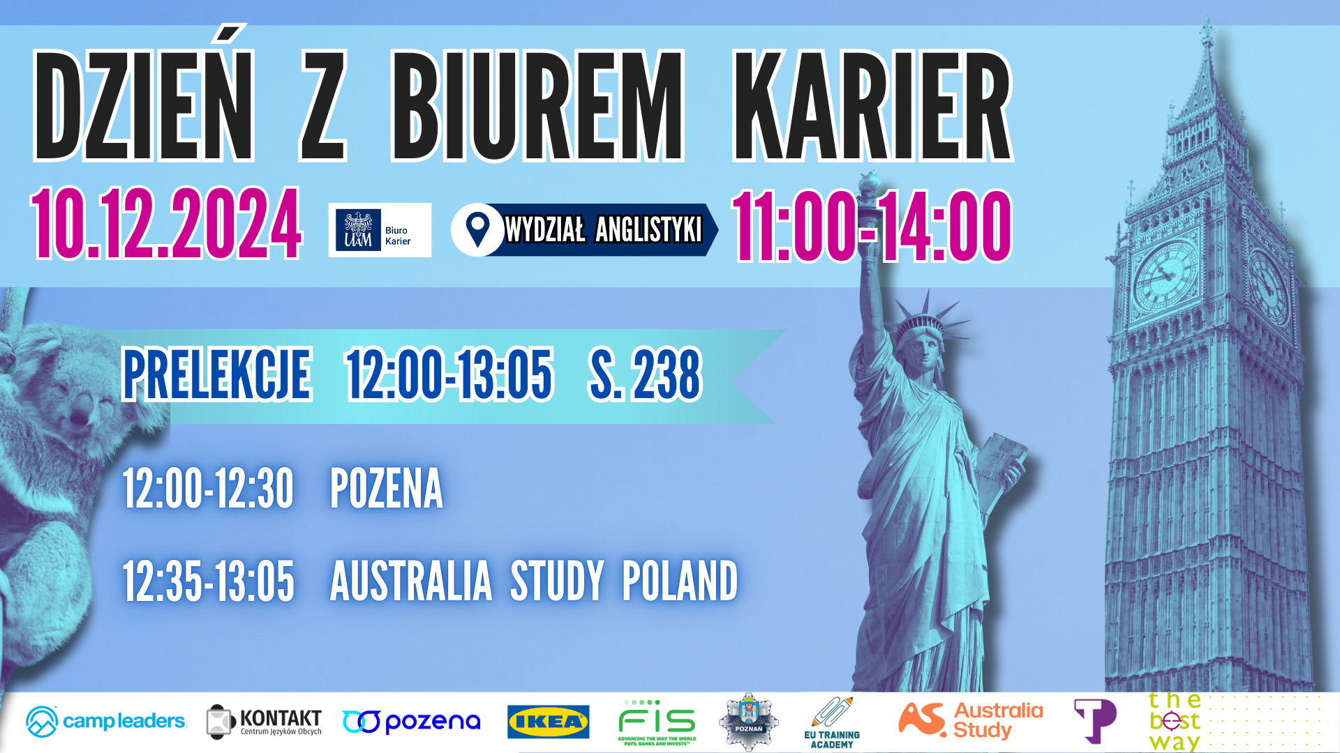 grafika promocyjna wydarzenia {Dzień z Biurem Karier na Wydziale Anglistyki}: kolorowe tło, tekst zawierający wybrane elementy treści przedstawionej na powiązanej stronie oraz logotypy instytucji biorących udział w wydarzeniu