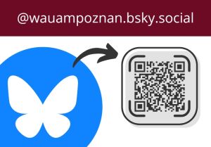 grafika: adres profilu na Bluesky, znak Bluesky oraz kod QR profilu