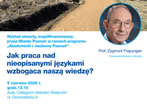 plakat promocyjny wydarzenia: informacje o spotkaniu jak na powiązanej stronie, zdjęcie osoby będącej gościem spotkania, kolorowe tło