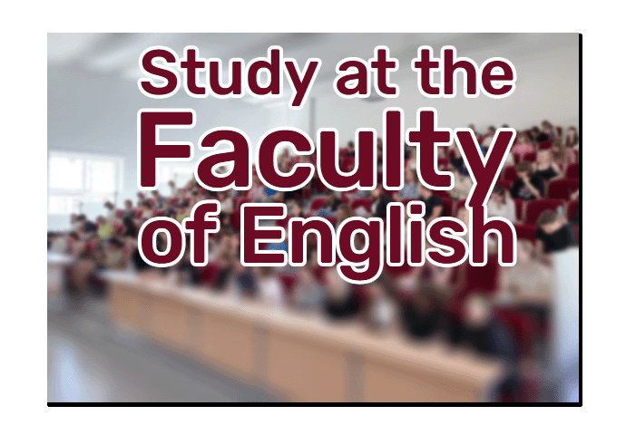 photograph: numerous people in a lecture hall; overlaid caption: Study at the Faculty of English