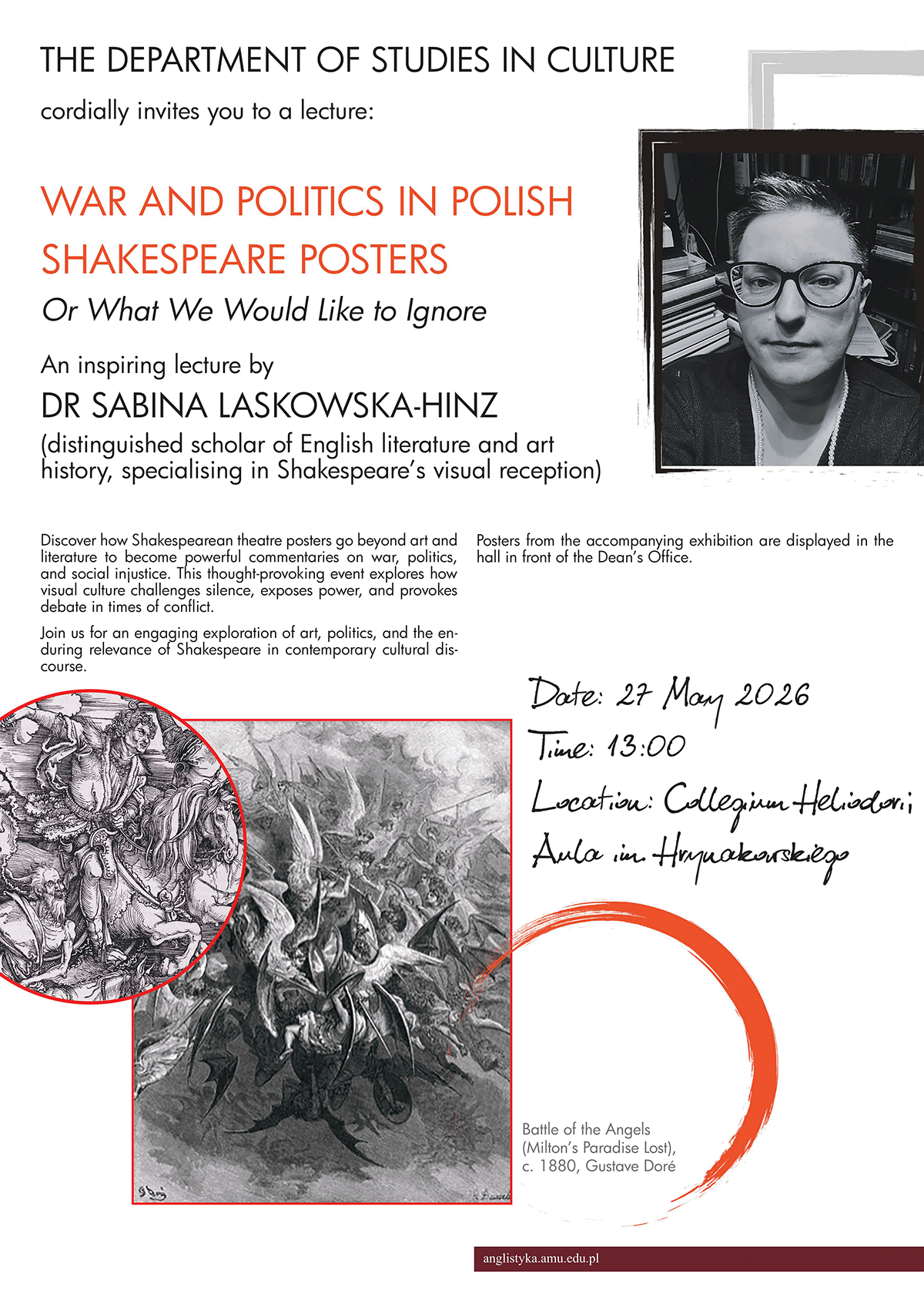 promotional poster: textual information as provided on the associated page, photograph of the speaker, and fragment of Gustave Doré’s “Battle of the Angels” (c. 1880)