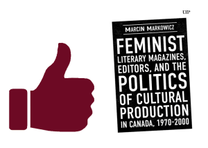 book cover: white lettering on black; next to the book cover: a drawing of a thumb up painted in the colour of the Faculty of English