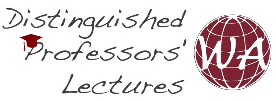 logo cyklu Distinguished Professors' Lectures, odręczny napisz w czerni na białym tle, obok czerwonawy glob z wpisanymi wielkimi literami W i A