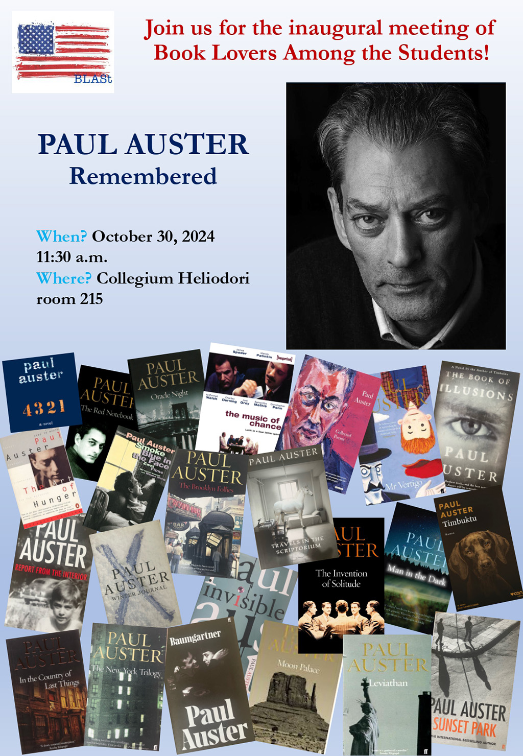 promotional poster: basic information on the meeting as on the associated page, photograph of Paul Auster, and images of book covers of books by Paul Auster on a colourful background