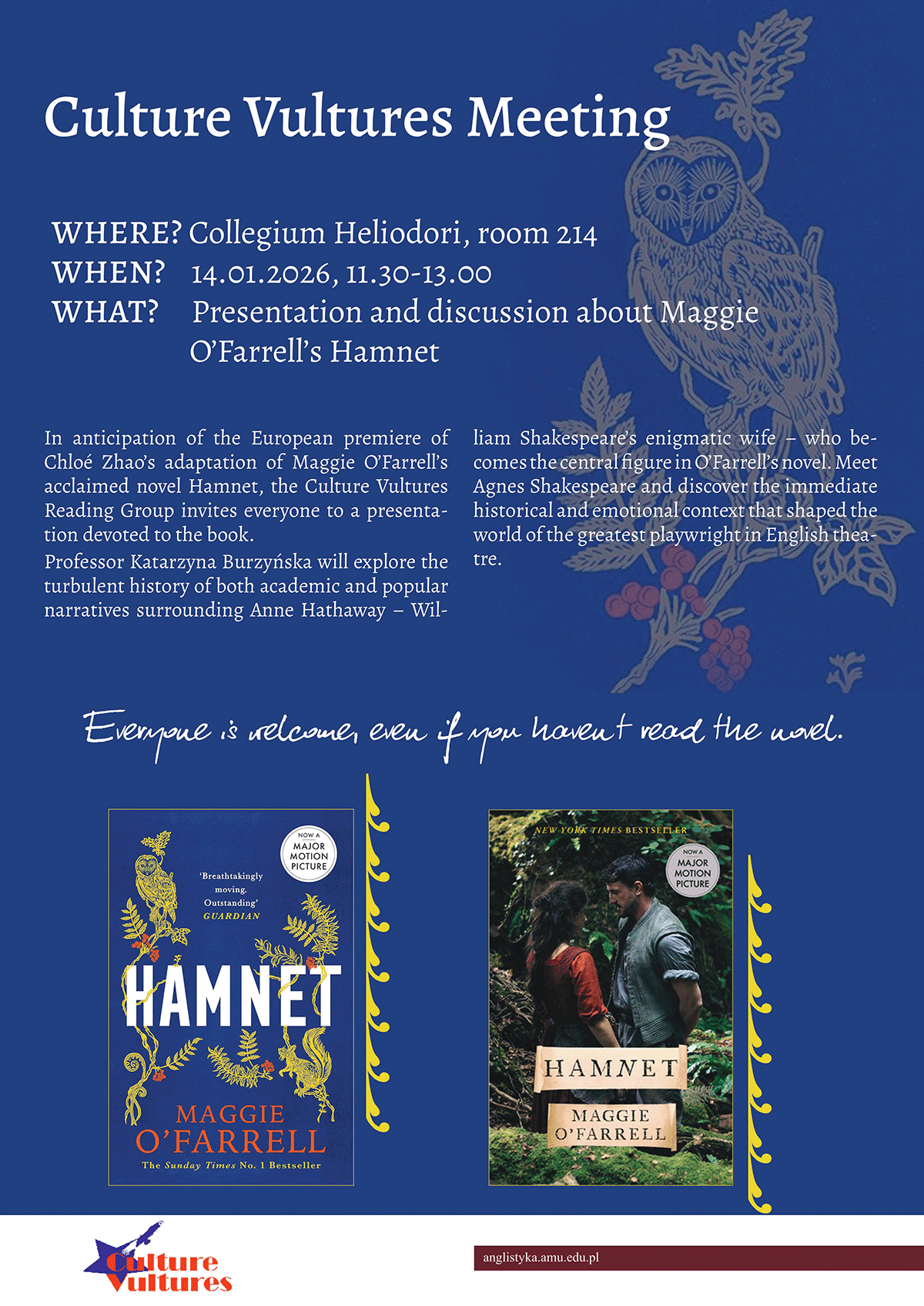 promotional poster: basic information on the event as provided on the associated page and two book covers