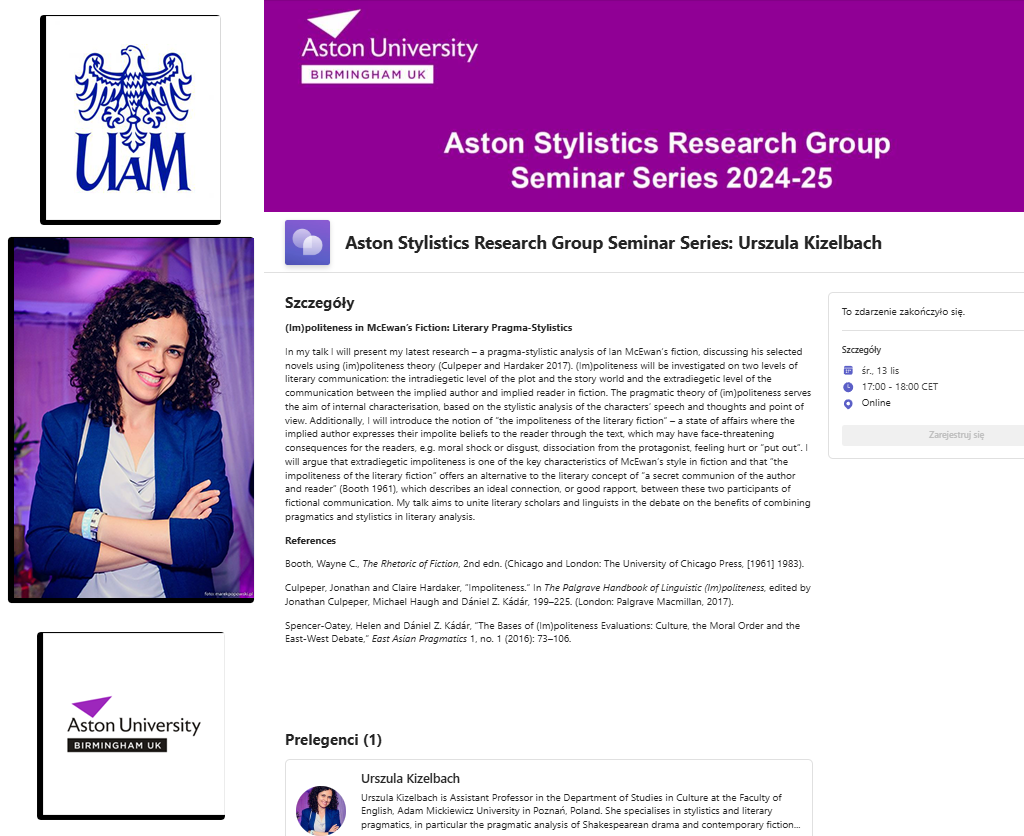 collage of four images: 1) AMU logo, 2) photograph of dr Urszula Kizelbach, 3) Aston University logo, 4) screenshot of the website for the Aston Stylistics Research Group Seminar Series 2024–2025 (with the announcement of the talk)