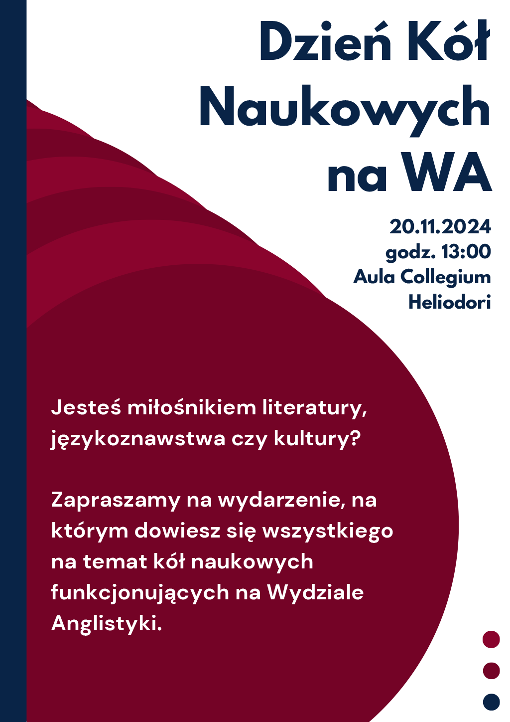 plakat promocyjny wydarzenia: tytuł, opis jak na powiązanej stronie, czas, miejsce, wszystko ciemnym drukiem na kolorowym tle