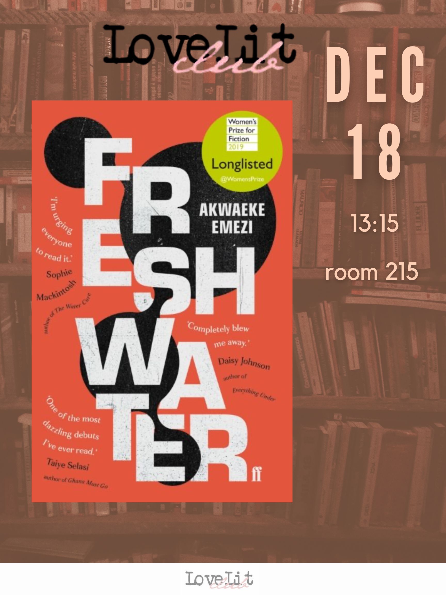 The poster features the cover of Akwaeke Emezi’s novel “Freshwater” along with the date and place of the December Love Lit Club meeting