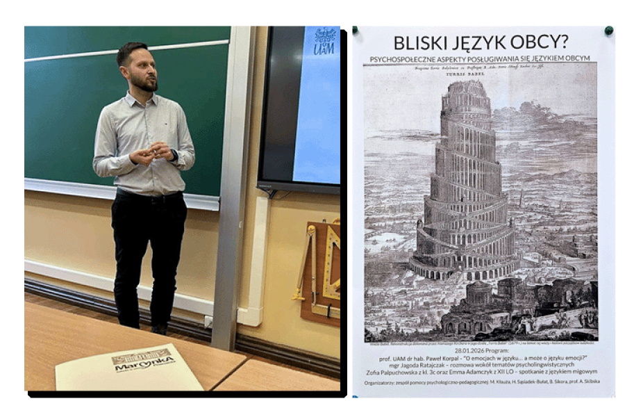 dwa zdjęcia: 1) prof. UAM dr hab. Paweł Korpal w trakcie wykładu; 2) zdjęcie: plakat promujący opisane w artykule wydarzenie