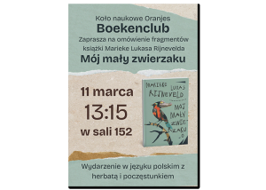 plakat promocyjny: okładka książki opisanej na stronie, tekstowa informacja o wydarzeniu jak na stronie, kolorowe tło