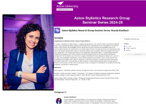 photograph of dr Urszula Kizelbach superimposed on a screenshot of the website for the Aston Stylistics Research Group Seminar Series 2024–2025 (with the announcement of the talk)