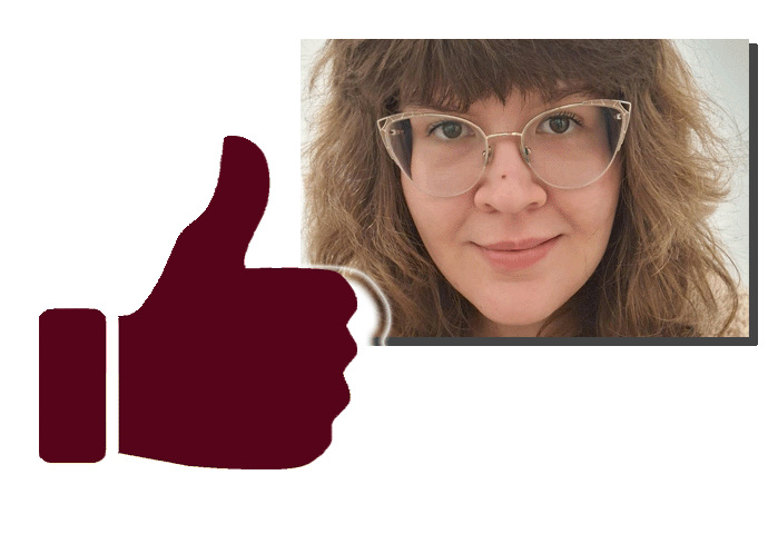 an image of a thumb up painted in the colours of the Faculty of English and a photograph of Joanna Człapa
