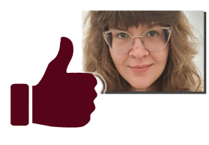 an image of a thumb up painted in the colours of the Faculty of English and a photograph of Joanna Człapa