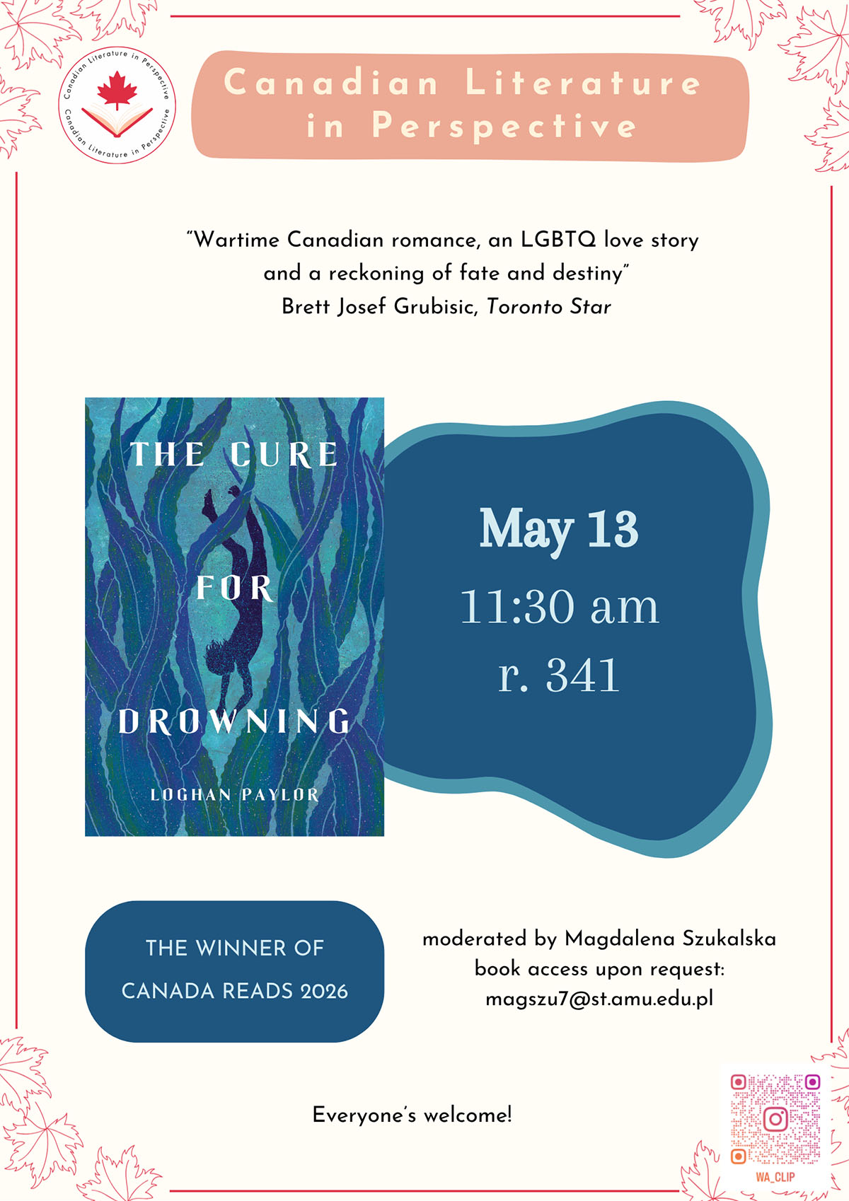 poster: book cover for Jenni Olson&rsquo;s &ldquo;The Joy of Life&rdquo; (2005), review reading {Wartime Canadian romance, an LGBTQ love story and a reckoning of fate and destiny (Breff Joseph Grubisic, Toronto Star)}, textual information on the event as provided on the associated page, some background graphic