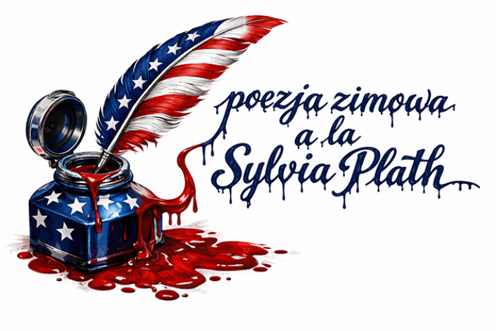 grafika: kałamarz i gęsie pióro, oba w barwach flagi Stanów Zjednoczonych oraz napis stylizowany na odręczny „poezja zimowa a la Sylvia Plath”