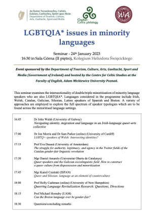 Seminar on LGBTQIA* issues in minority languages (24th January 2023 16:30 Sala Górna)