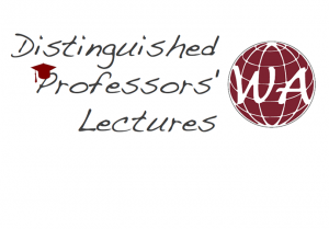 logo cyklu Distinguished Professors' Lectures, odręczny napisz w czerni na białym tle, obok czerwonawy glob z wpisanymi wielkimi literami W i A