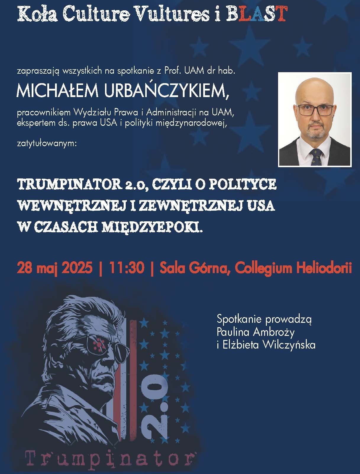 plakat promocyjny wydarzenia: informacje o spotkaniu jak na powiązanej stronie, zdjęcie osoby będącej gościem spotkania, kolorowe tło