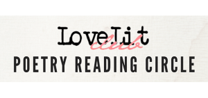 logo „Poetry Reading Circle”, części „Love Lit Club”: czarne {Love Lit} jak drukowane na maszynie do pisania, czerwonawe {Club} jak pisane ręcznie i {Poetry Reading Circle} drukowanymi literami na barwnym tle