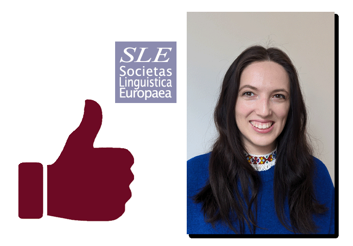 obraz kciuka w góre w barwach Wydziału Anglistyki, logo {Societas Linguistica Europaea} i oraz zdjęcie mgr Iryny Kravchuk